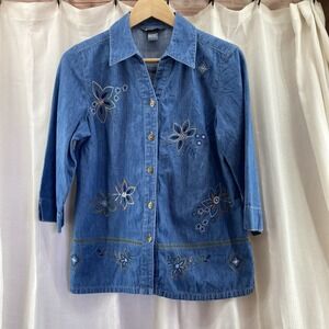 City Blues By Koret Womens Blue 3/4 Sleeve Embroidered Denim Blouse Top Small‎